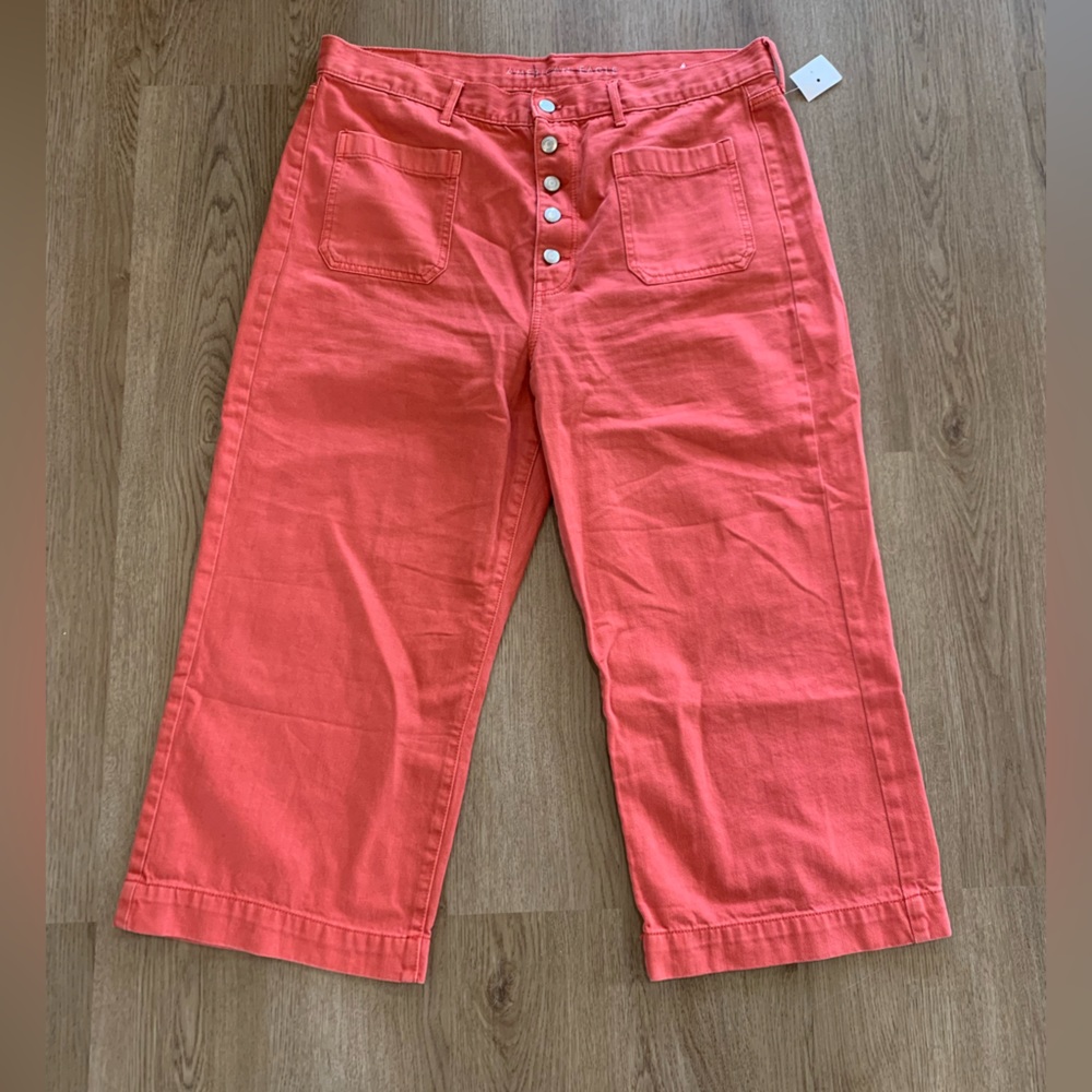 AE wide leg crop Jean exposed Button fly high rise size 18 short coral red